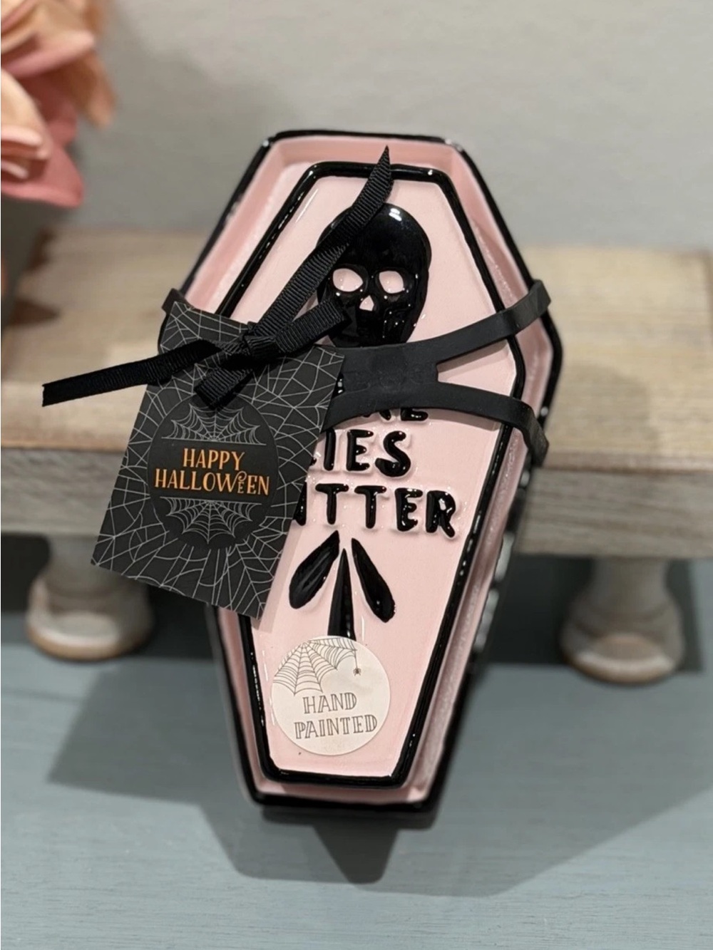 Cobwebs & Cauldrons Halloween Coffin
Shaped "Here Lies Butter" Dish, Pink New
